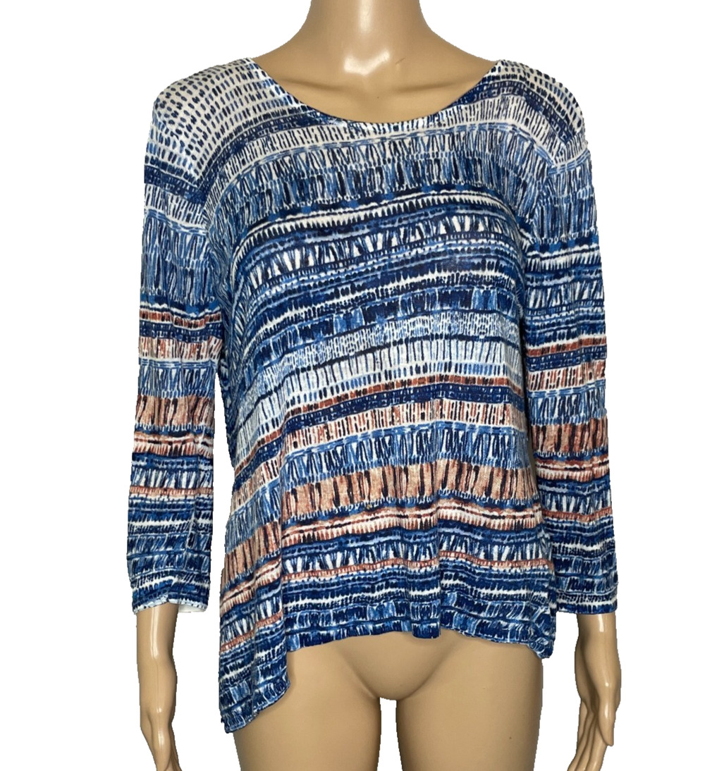 Women's Large Nic & Zoe Blue Patterned Linen Blend Pullover Knit Shirt